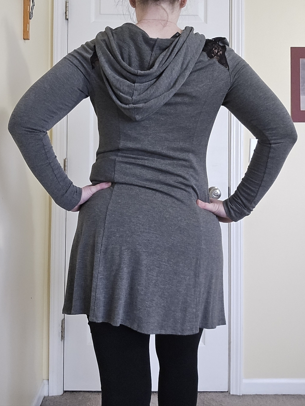 Gray Hooded Sweatshirt Dress Tunic with Lace Accents - Picture 4 of 10